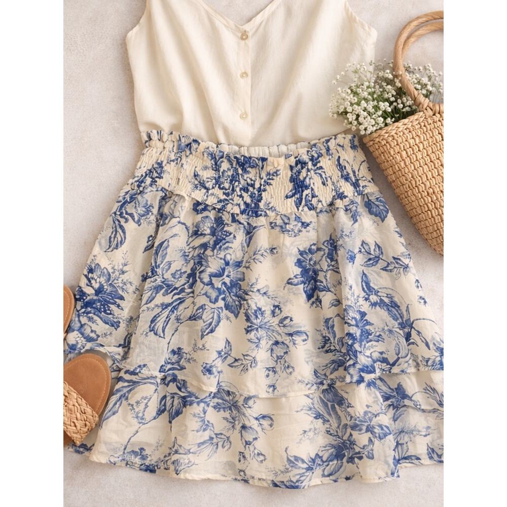 Express Blue Cream Toile Print Skirt Womens L Smocked Tiered Flowy